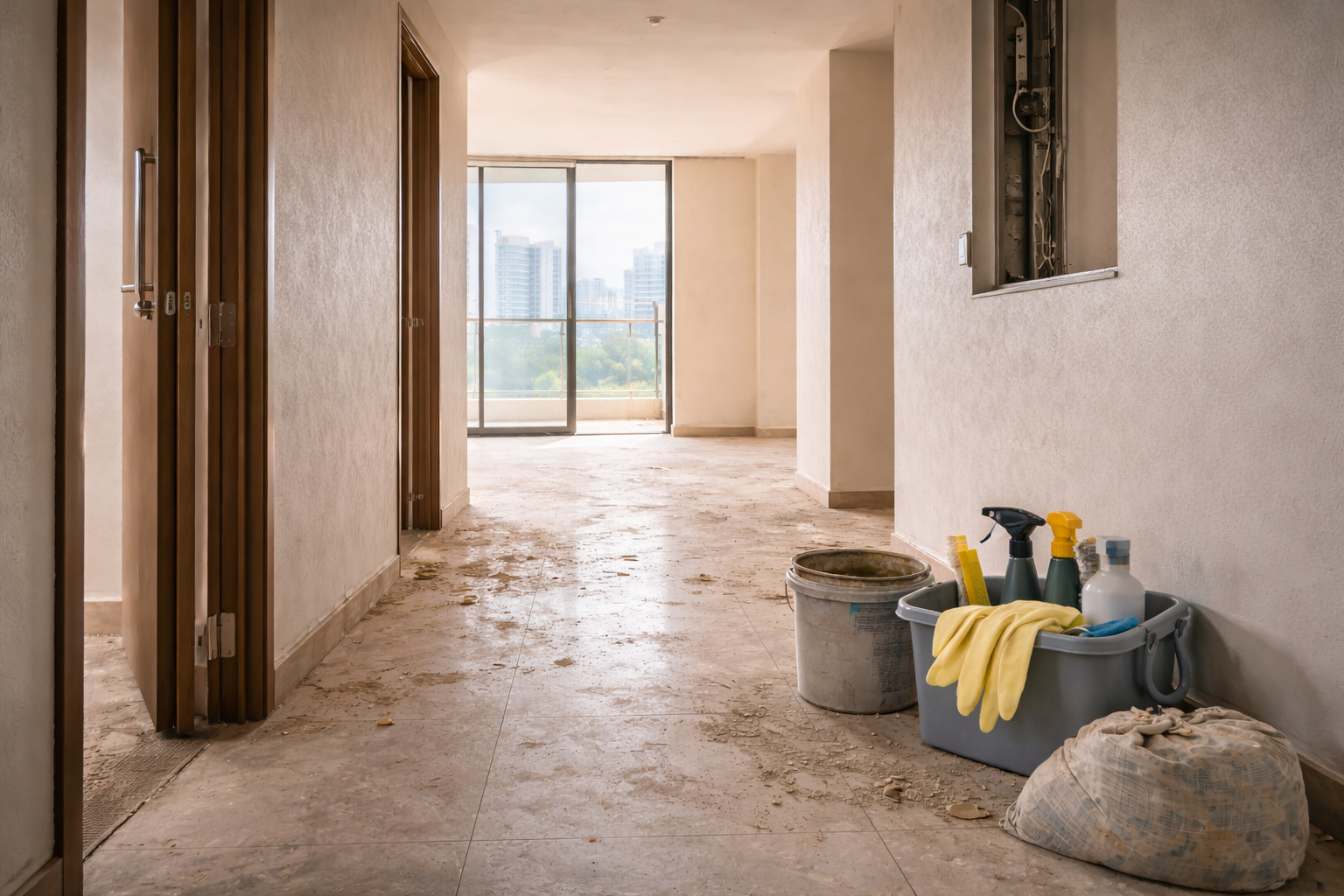 Unfurnished apartment hallway with construction dust before deep cleaning